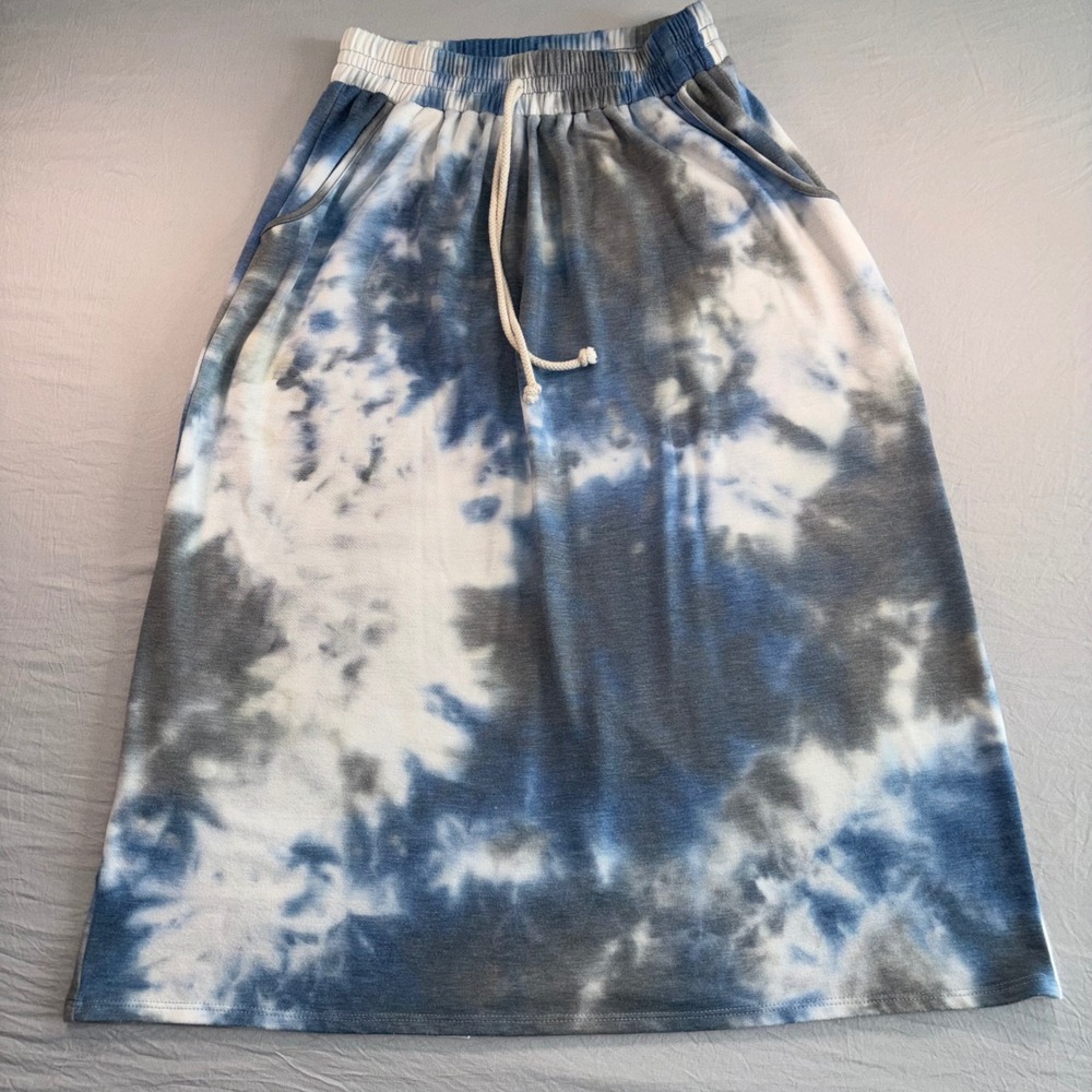 Espresso Tie Dye Midi Skirt fleece Blue Grey White Drawstring Pockets XL